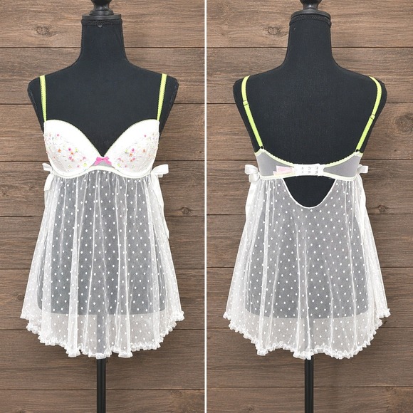 Victoria's Secret Other - Vintage Victorias Secret Y2K Babydoll Sheer Chemise 34C Push Up Fairy Coquette